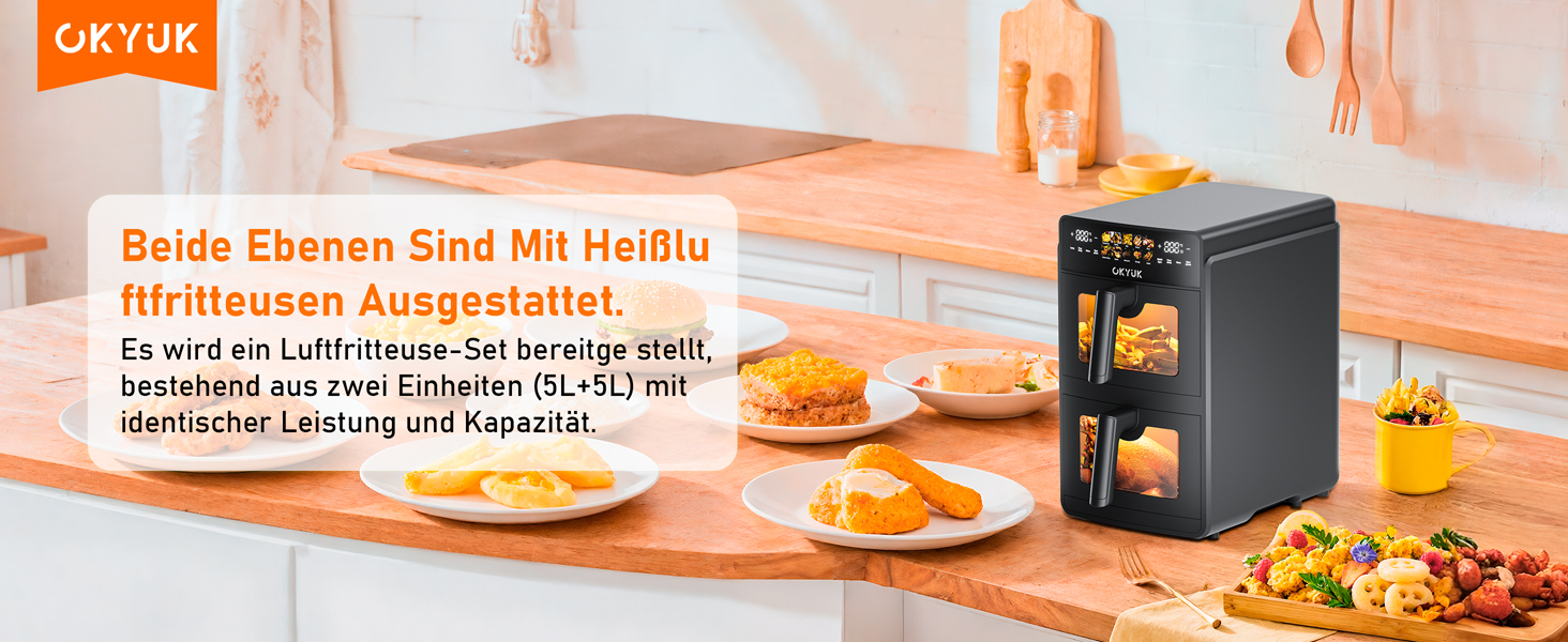 Фритюрниця без олії з 2 камерами на 10 літрів, Airfryer з 2 відсіками по 5л, тиха робота, 10 програм, приготування 2 страв одночасно, з оглядовим вікном, 3D циркуляція повітря