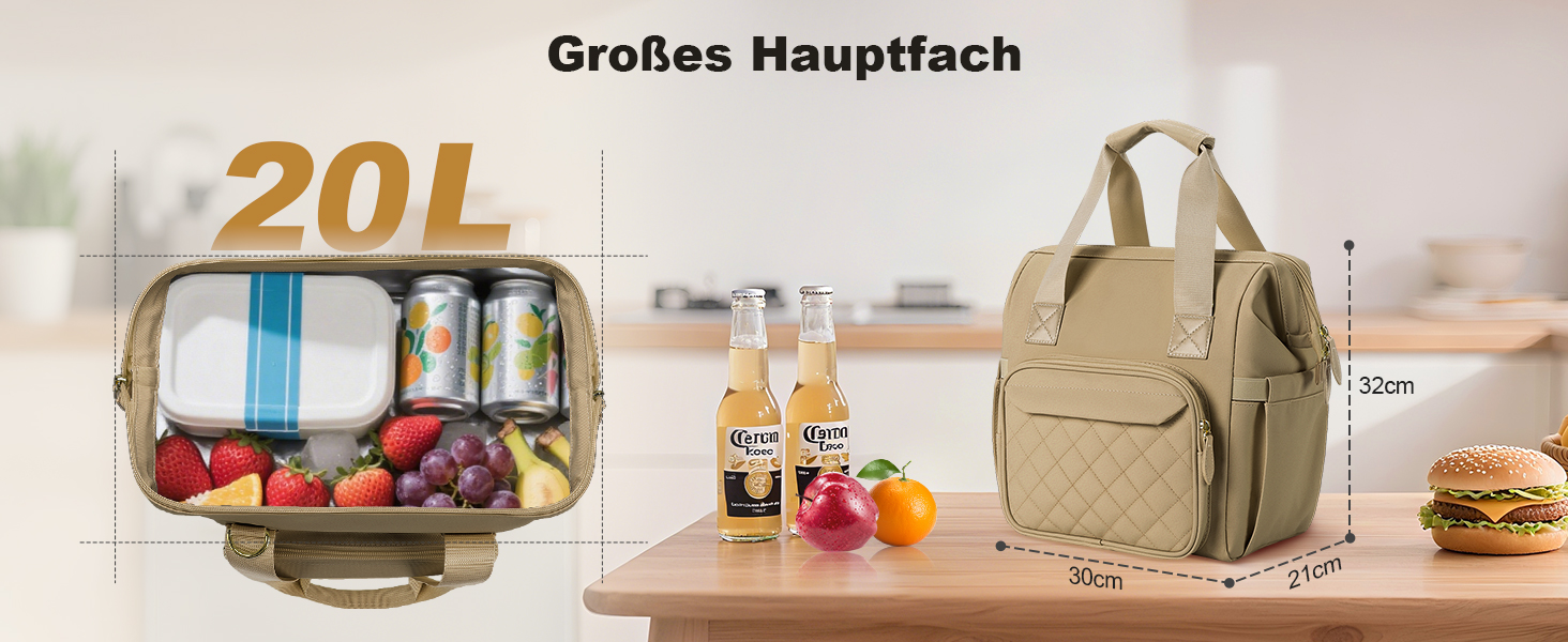 Термосумка 20 л, водонепроникна ізольована сумка/ланч-сумка з великим отвором, виготовлена з витокостійкого матеріалу PEVA, з кількома відділеннями та плечовим ременем – для роботи, школи, автомобіля, пікніка (Хакі)