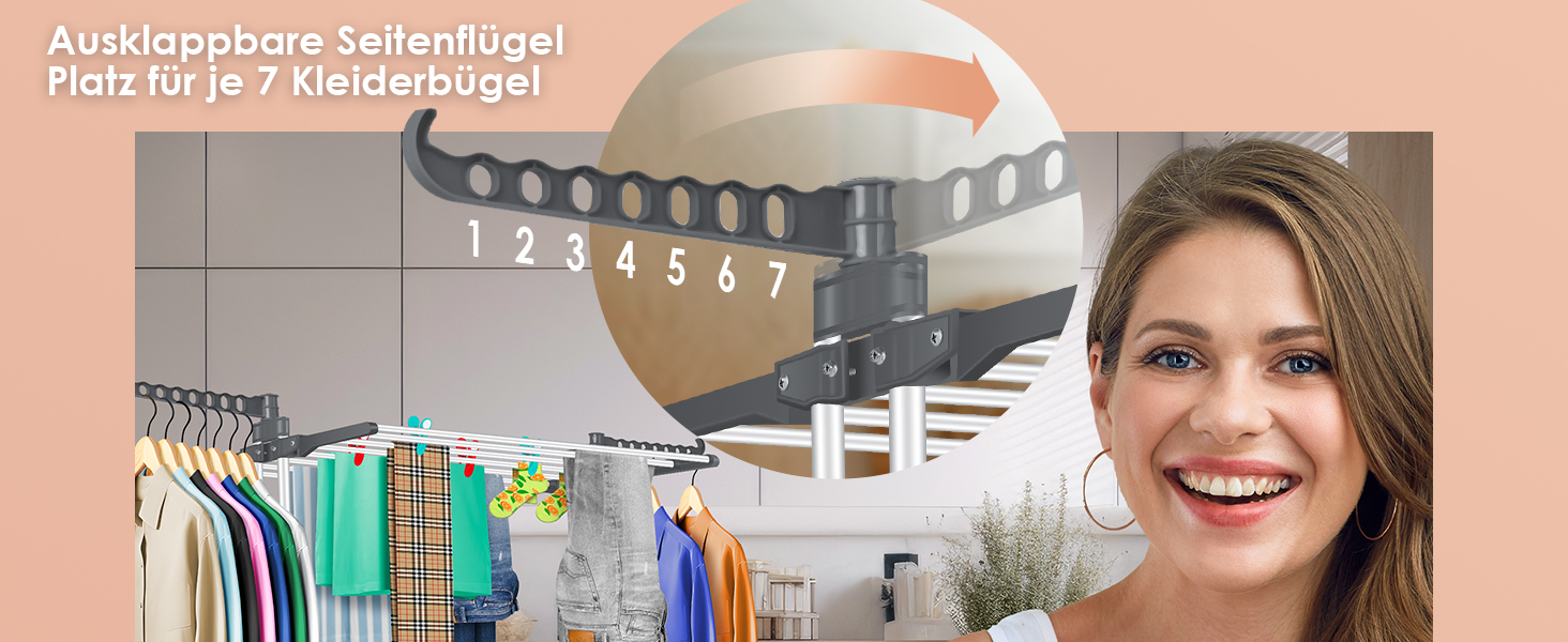 Кюссер® Сушилка для білизни з колесами - Турбо-модель, 4 яруси, 2 обертові крила, 6 склавних секцій, білий/антрацитовий