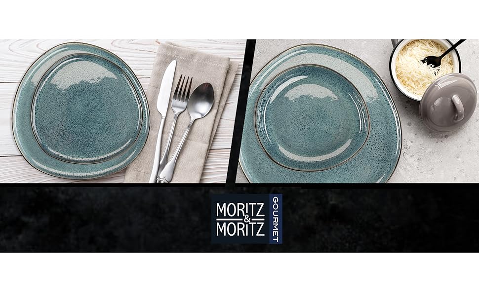 Moritz & Moritz ORGANIC Набір посуду 18 предметів на 6 осіб, блакитний - Елегантний набір тарілок з якізного порцелянового каменю. Включає: 6 великих тарілок, 6 десертних тарілок, 6 супових тарілок.