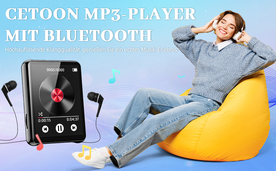 MP3-плеєр 128GB з Bluetooth, портативний музичний плеєр з динаміком, 2.4' Full Touch Screen, HiFi звук, FM радіо, записувач, кабельні навушники в комплекті, для бігу, фітнесу T5-MP3