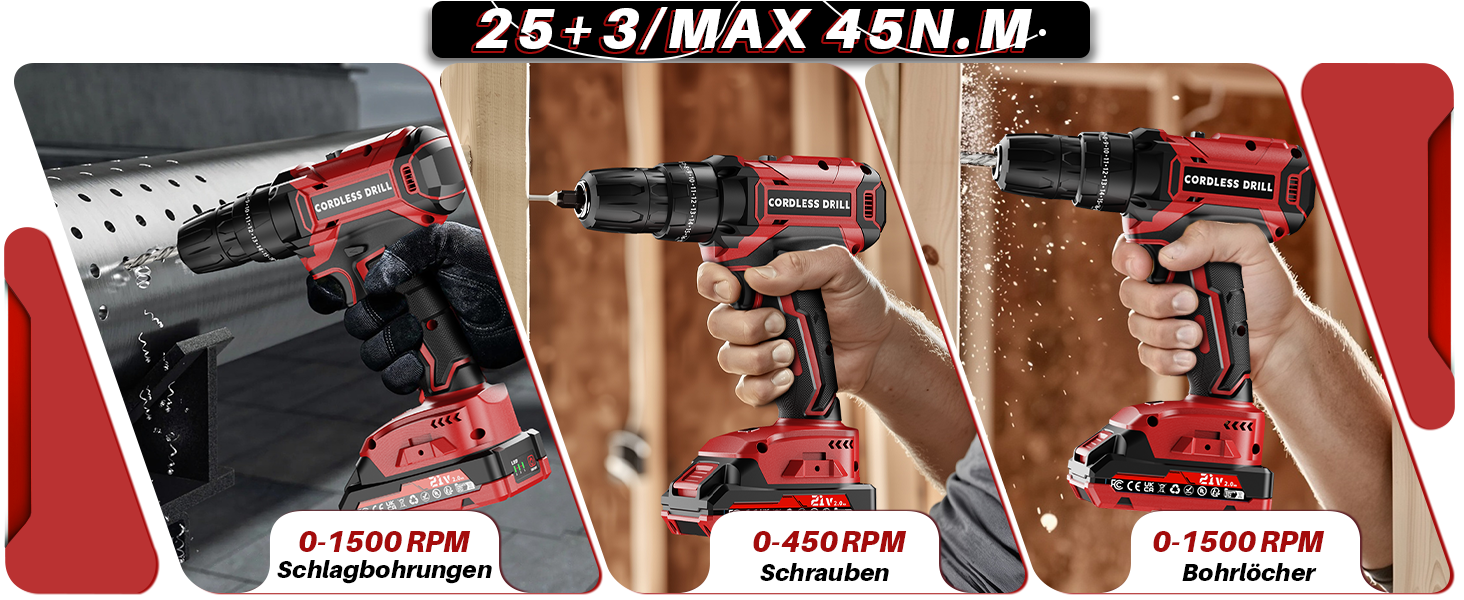 Акумуляторний шуруповерт 21V з двома акумуляторами 2000mAh, 45Nm, 25+3 ступені крутного моменту, LED, для дому та саду, DIY проєкти