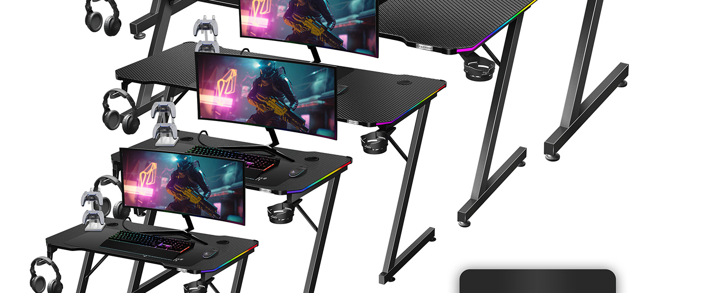 Ігровий стіл KESSER Gaming 180x80 см, Z-подібний ергономічний комп'ютерний стіл з карбоновим покриттям, підсвіткою LED, підставкою для напоїв та гачком для навушників, чорний