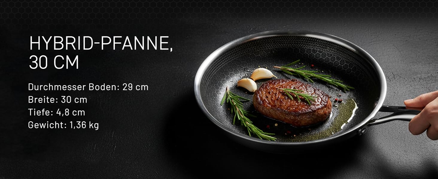 Пан з нержавіючої сталі HexClad Hybrid з діаметром 30 см - антипригарна сковорода з сотовою структурою для всіх типів плит, включаючи індукційну, та придатна для духовки та мийки