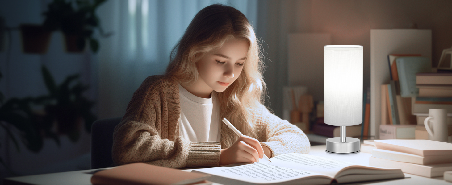 Нічна лампа Kakanuo з 3 колірними температурами, біла торшер з вимикачем, льняний абажур, маленька лампа для вітальні, спальні, офісу, дитячої кімнати (LED лампа в комплекті), біло-чорний колір (білий+срібний)