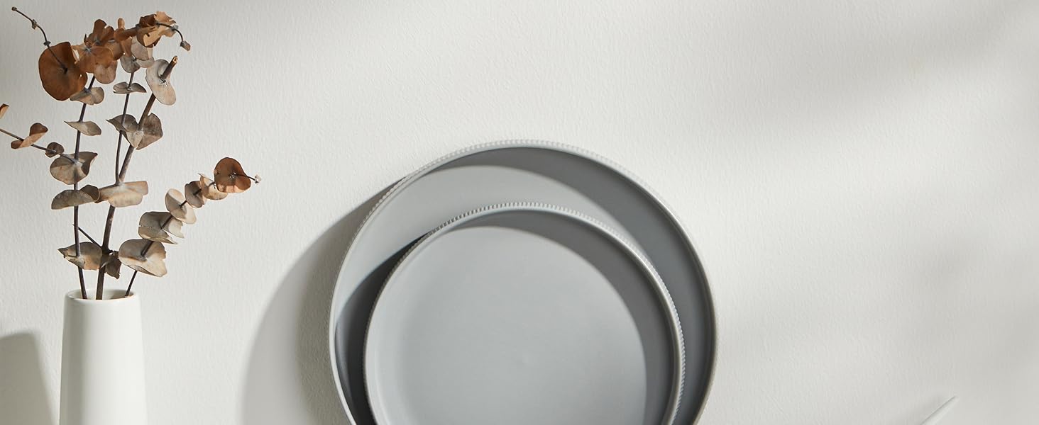 Набір посуду Jiwoo для 4 осіб (12 предметів): тарілки, десертні тарілки, супові миски. Bone China, матовий сірий колір, для мікрохвильовки та посудомийної машини