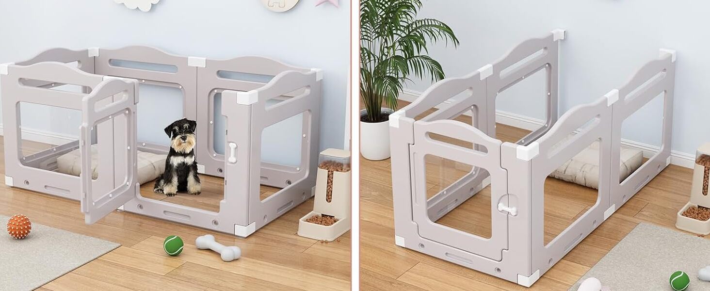 Клітка для цуценят з акрилу 60 см, 7 шт. + 1 вольєр для собак з дверцятами, без решіток, для дому, з присосками, прозора, теплий сірий (5+1)