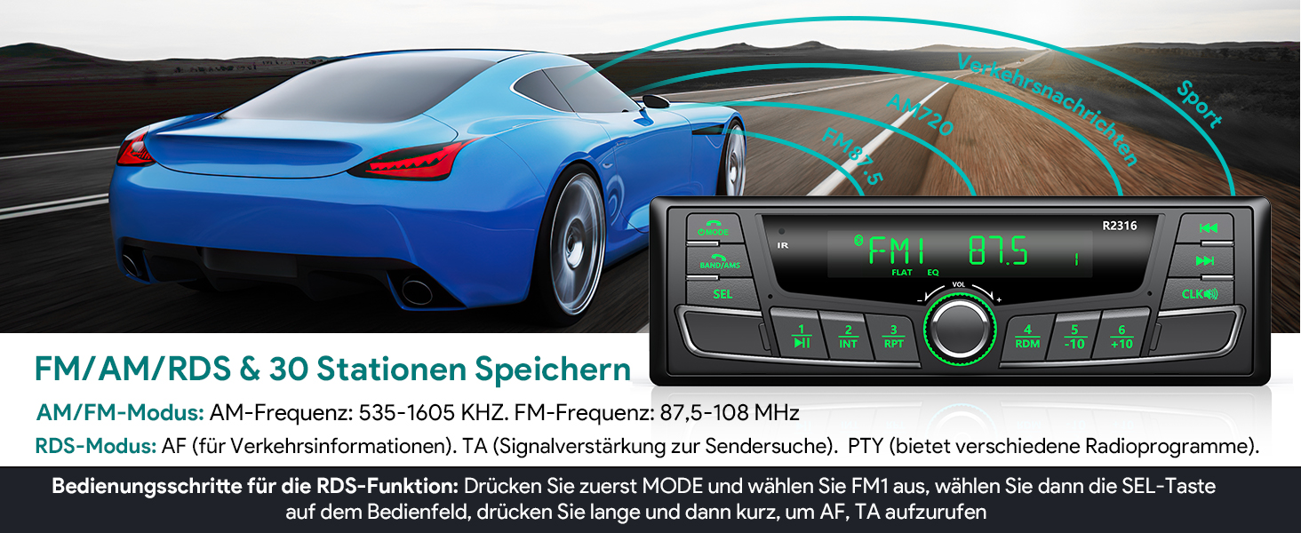 Автомобільна магнітола Wistrue 1DIN з Bluetooth, RDS, FM/AM, USB, AUX, SD, MP3, підсвічування 7 кольорів, для iOS та Android