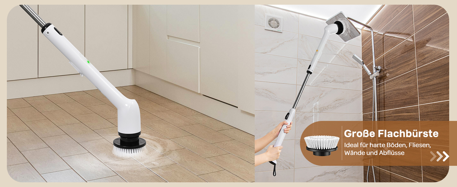 Електрична щітка для прибирання LyriFine, водонепроникна IPX7, з довгим руків'ям, 2 швидкості, з набором змінних насадок, для ванної кімнати, білий