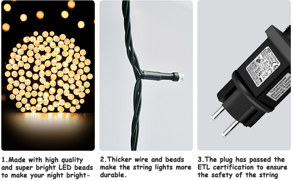 Льо́нточна гірлянда на Різдво, 20 метрів, 200 LED, з таймером, 8 режимів, вологостійка, тепле біле світло, для прикраси ялинки, саду, дому