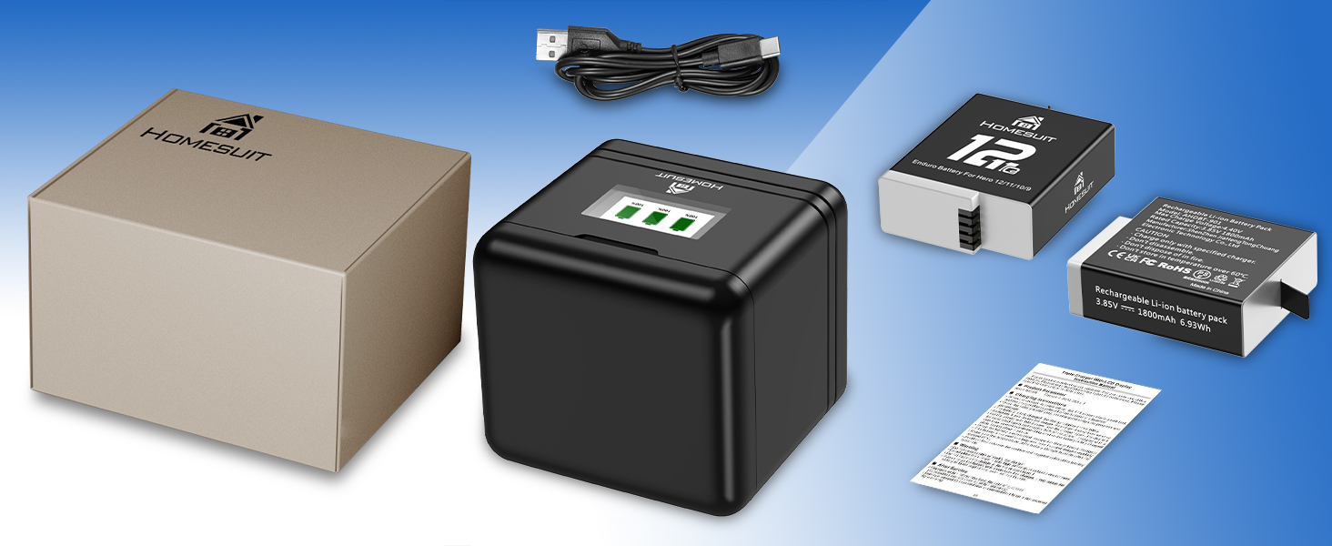 Акумулятор Homesuit Hero 12 1800mAh + LED зарядний пристрій USB-C (2 шт.) для GoPro Hero 12/11/10/9 Black