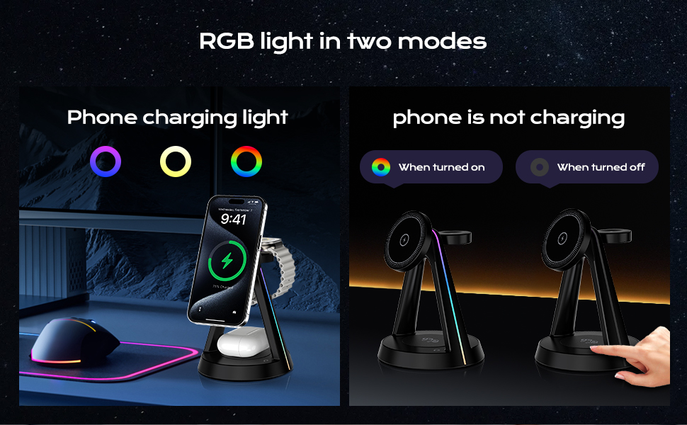 Бездротова зарядна станція 3-в-1 MagSafe OneCut з RGB підсвіткою 15W для iPhone 16/15/14/13/12 Pro Max/Plus, Apple Watch Ultra/8/7/6/SE та AirPods Pro/3/2