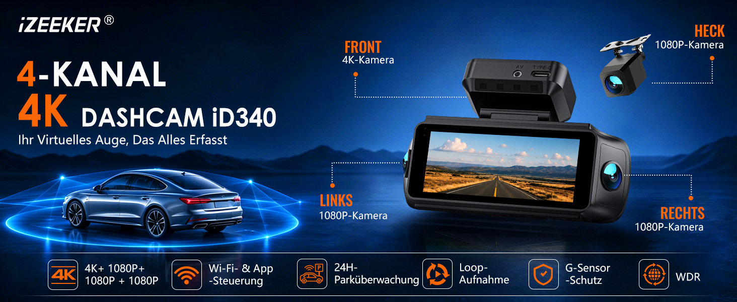 Автомобільний відеореєстратор iZEEKER 4K 4-канальний з WiFi 6, огляд 360°, 4K + 3×1080P