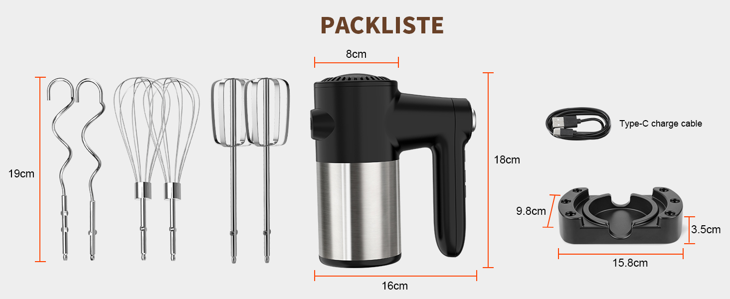 Бездротовий міксер з цифровим дисплеєм, 7 швидкостей, акумуляторний, з 6 насадками з нержавіючої сталі (міксер, вінчик, гачок для тіста) та підставкою для зберігання