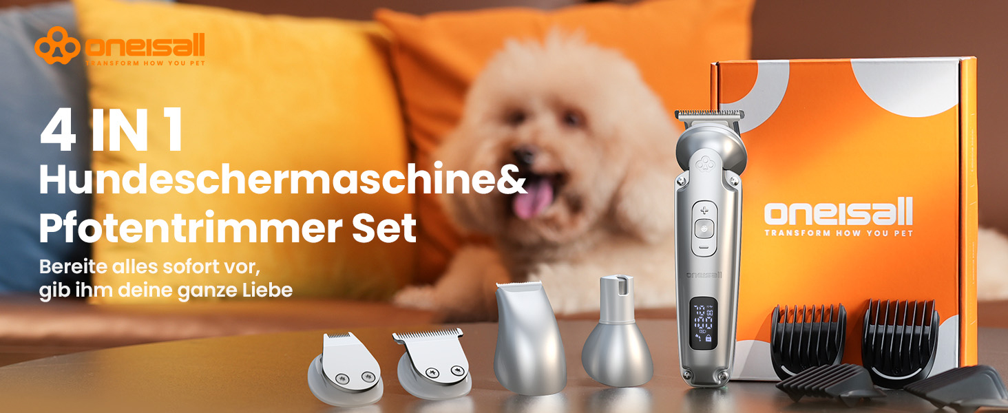 Schermaschine для собак та котів oneisall 4-в-1: стрижка, триммінг, шліфування кігтів. 2000mAh, IPX7, до 7000RPM