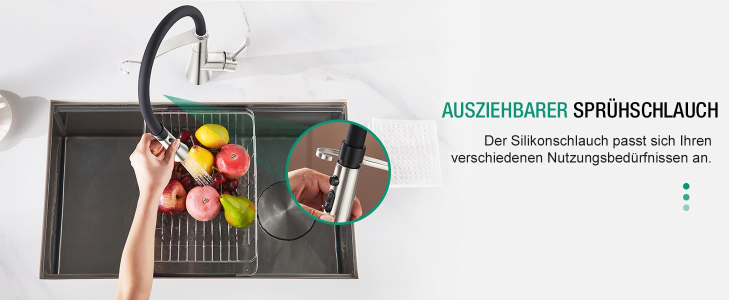 Кран кухонний CREA з 3 функціями: душ, висувна лійка, поворотний вилив, чорний, нержавіюча сталь