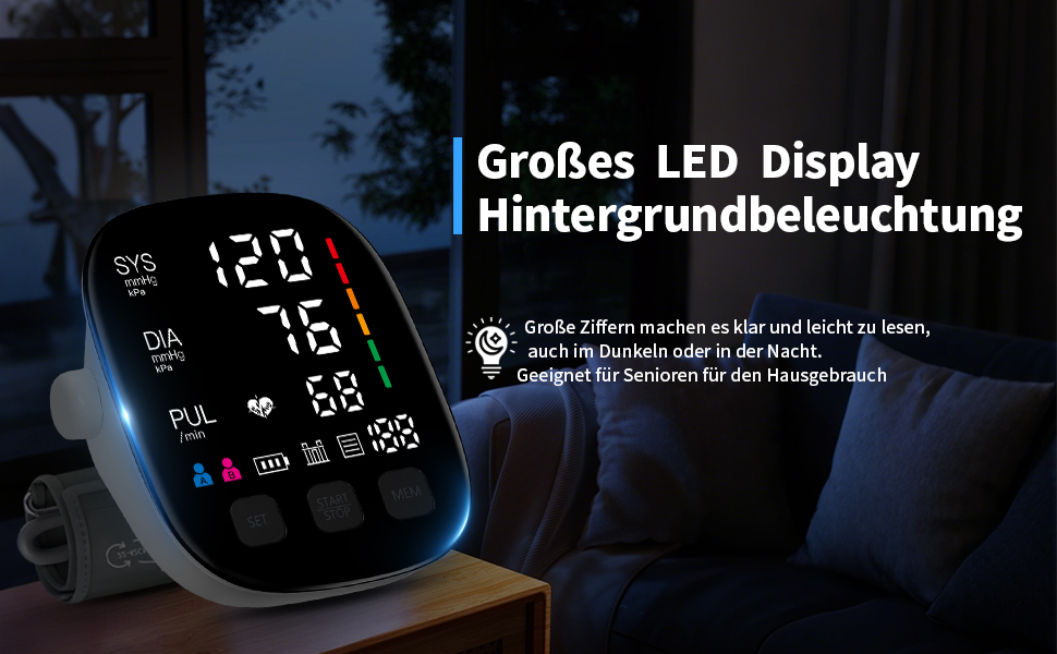 Тонометр на плече з великим LED-дисплеєм, визначення аритмії, вимірювання пульсу та індикатор ризику, 2×199 місця пам'яті, USB-порт, манжета 22-42 см