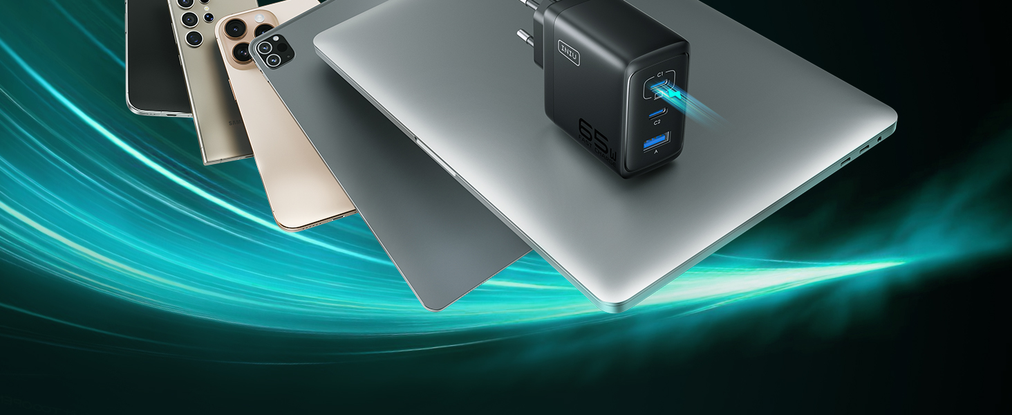 Зарядний пристрій INIU 65W USB-C/USB-A GaN, швидка зарядка для MacBook, iPad, iPhone, Samsung Galaxy, Pixel - Чорний