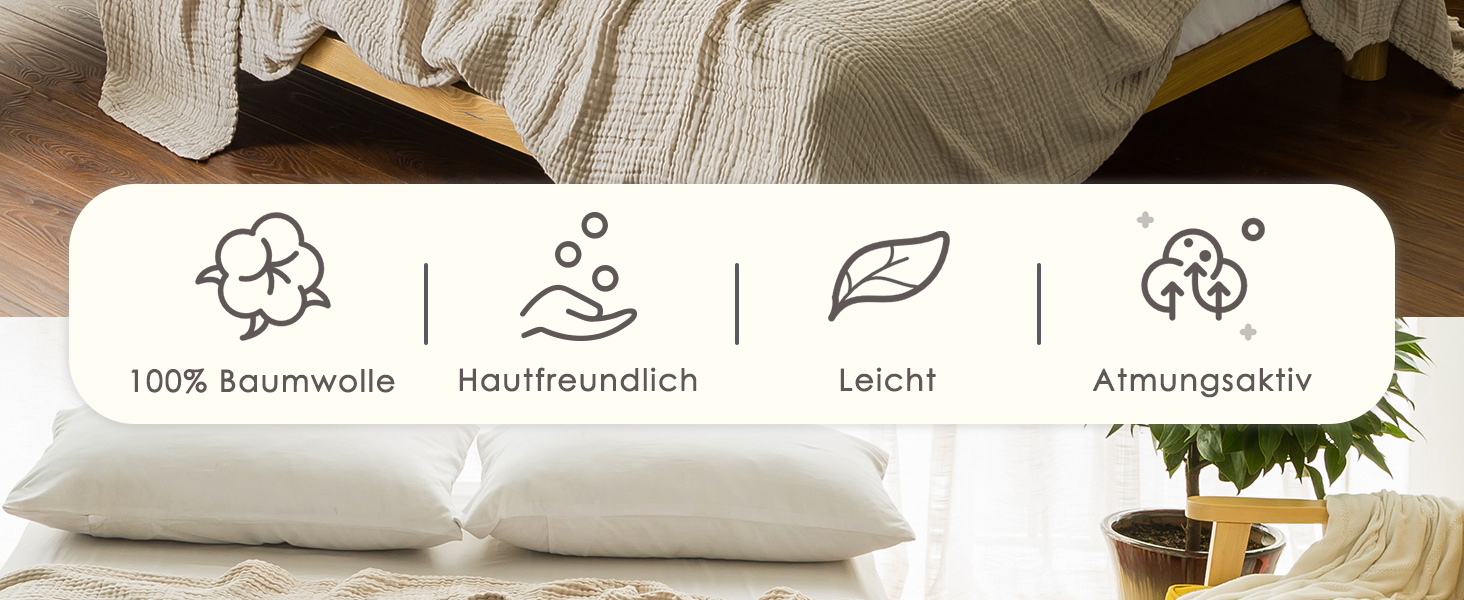 Плед EMME з 100% мусліну, 230 x 230 см: м'який, дихаючий, для дивану, бежевий | EMME