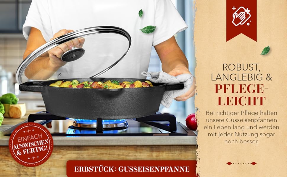 Чавунна сковорода гриль Krustenzauber 26 см з індукційним дном та двома ручками - рифлена, для смаження м'яса та овочів