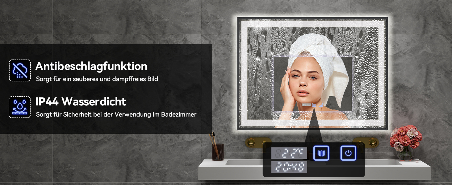Дзеркало для ванної кімнати YU YUSING з підсвічуванням 60x80 см, антизапар, 3 кольори світла, регулювання яскравості, LED-дзеркало з годинником, IP44, вертикальне, срібло (чорний металевий каркас, 70x50 см)