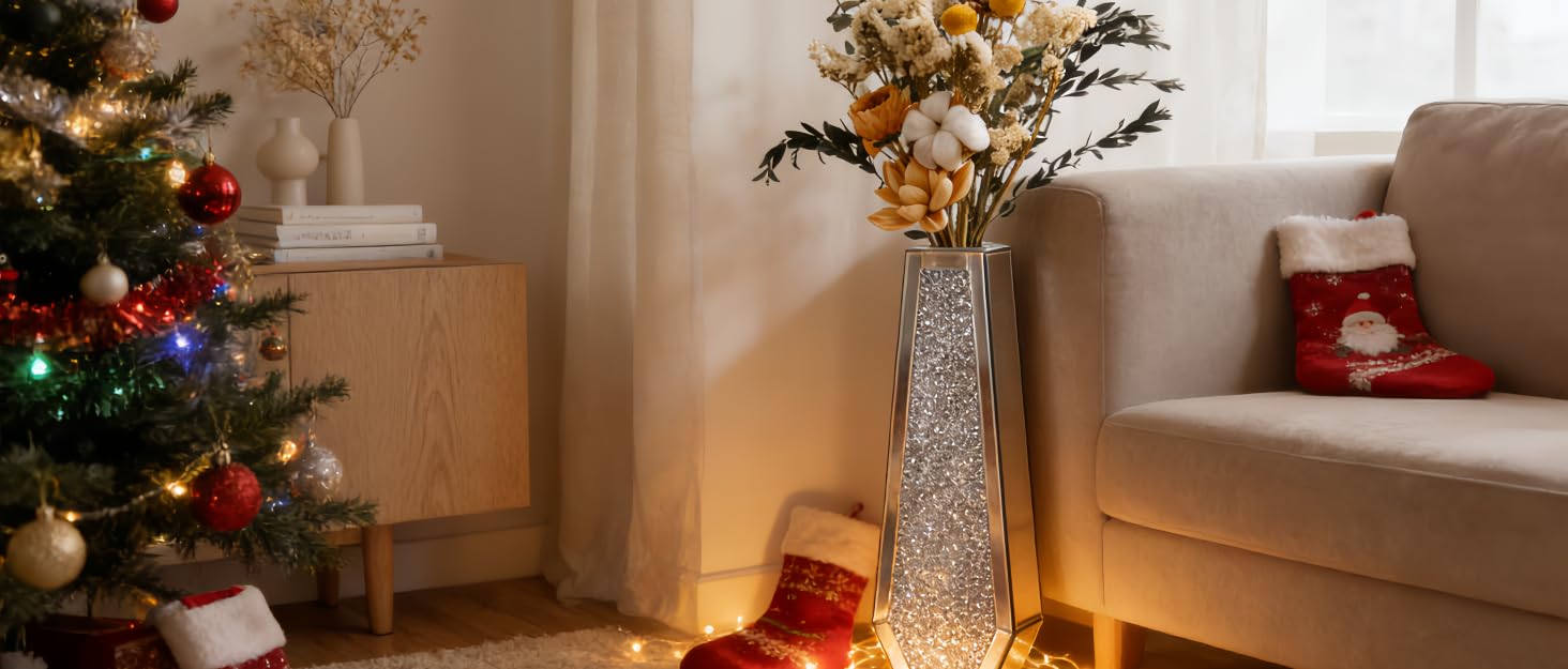 Ваза для квітів велика 68 см: срібна ваза з кристалами для пампас трави, скляна ваза з дзеркальним покриттям та блискітками, декоративна ваза для вітальні, інтер'єру – без підставки для води, 16L x 68H см