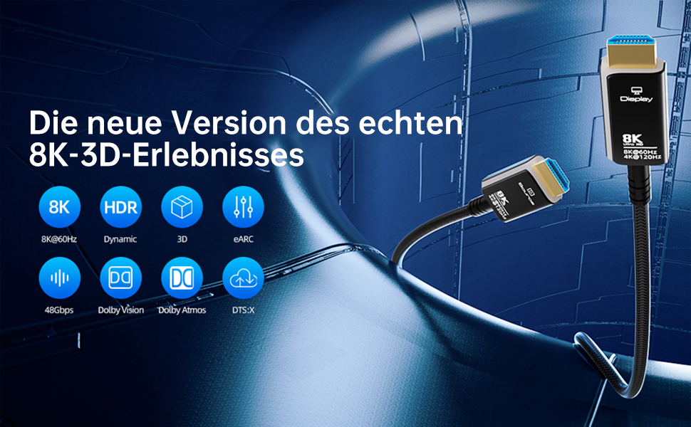 HDMI кабель оптоволокно 8K, HDMI 2.1 кабель (48Gbps) Ultra High Speed, підтримка 8K@60Hz, 4K@120/144Hz, Dynamic HDR, eARC, ARC, Dolby Atmos для PS5/4, HDTV, монітор, ПК, ноутбук (плетіний HDMI кабель, 15 м)