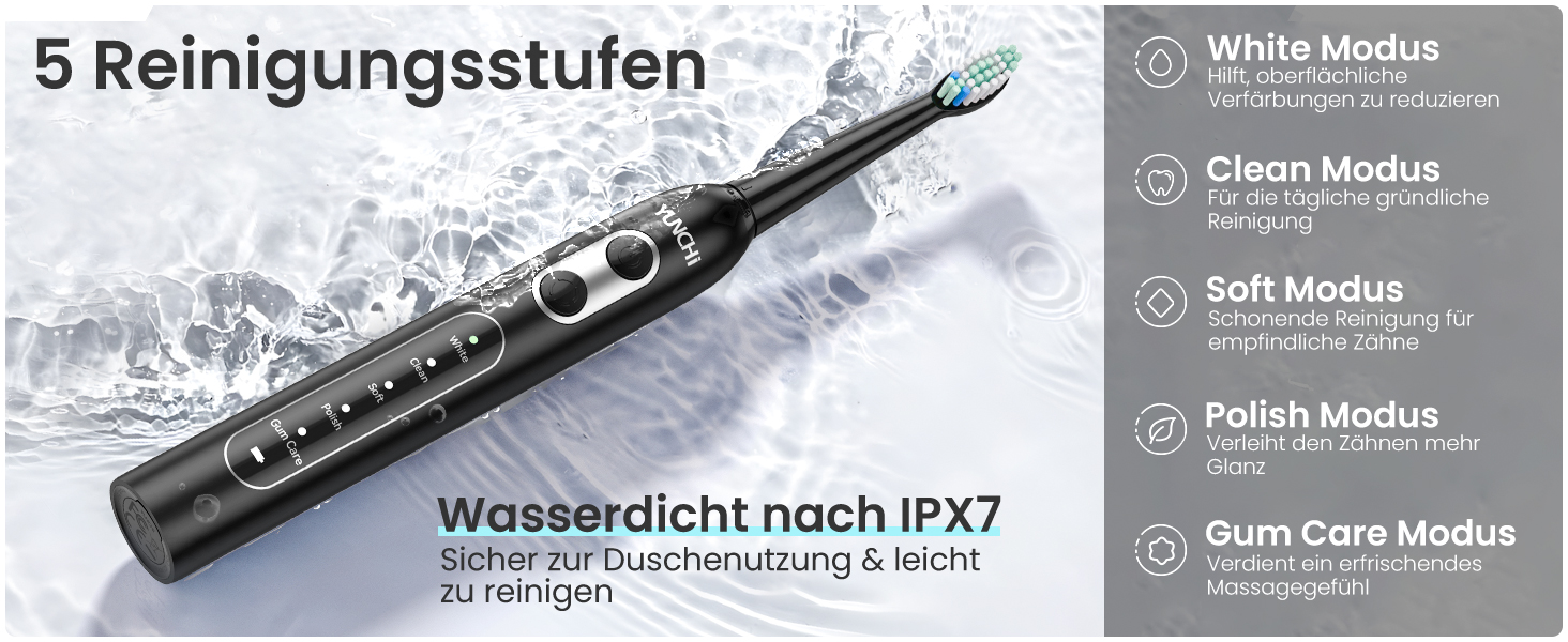Електрична зубна щітка YUNCHI C2 з 40000 VPM, звукова щітка для дорослих, зарядка USB-C, 55 днів роботи від акумулятора, 5 режимів чищення, таймер 2 хвилини, 8 насадок, дорожній футляр, чорна YUNCHI C2