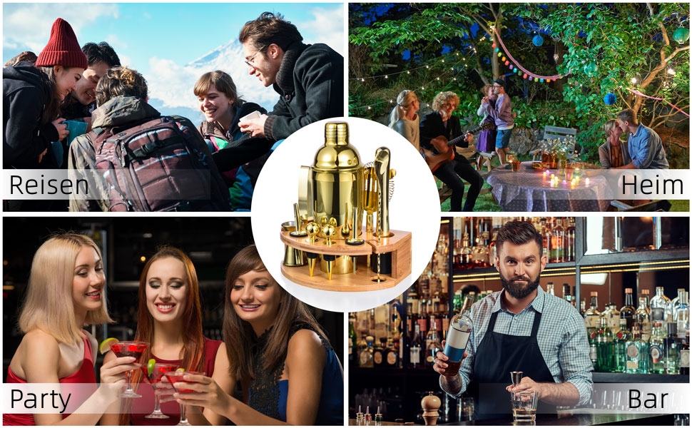 Набір шейкер для коктейлів Esmula 750 мл, 12 предметів, нержавіюча сталь, барменський аксесуар, подарунок для чоловіків та жінок, з книгою рецептів (Золотий)