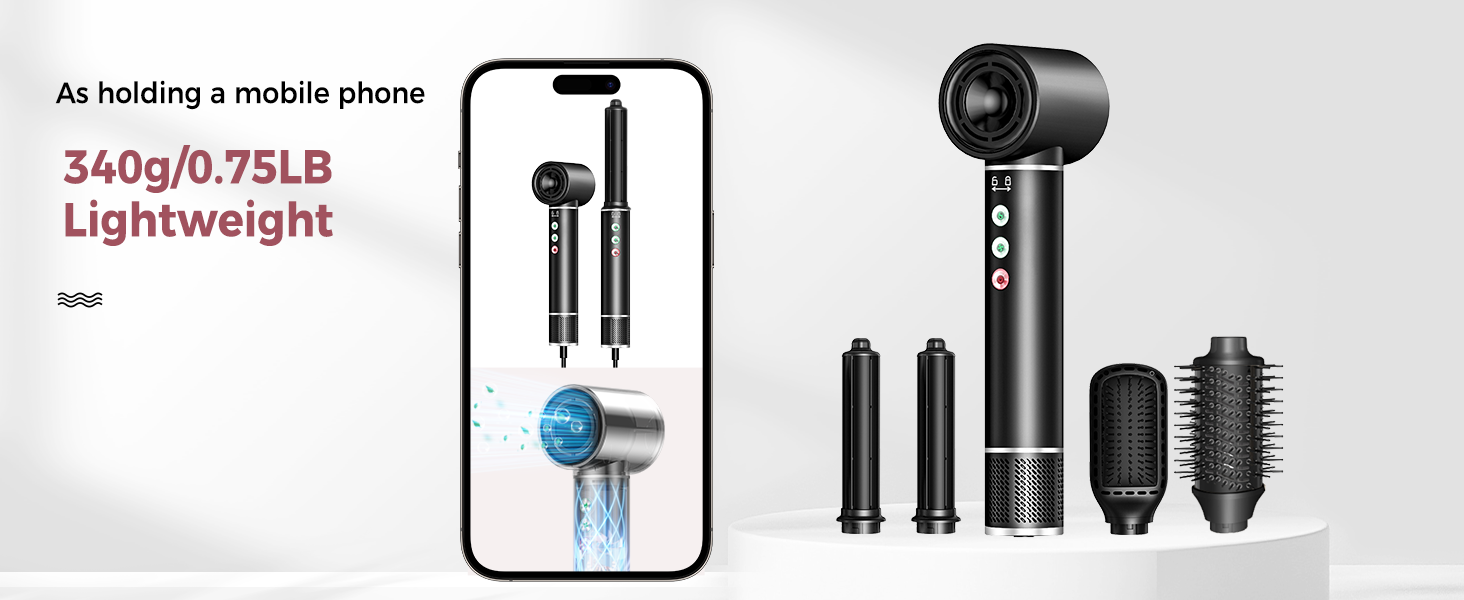 Airstyler 5 в 1: Фен-щітка з іонізацією, 5 насадок, 20 м/с, 110 000 об/хв, легкий (340г), чорний