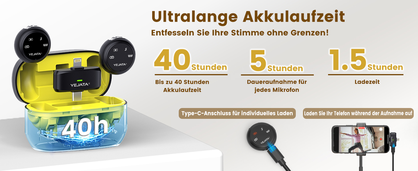 Мікрофон 2-в-1 для iPhone та Android з шумозаглушенням, кейс на 40 годин, магнітна застібка та кріплення для інтерв'ю, жовтий, 25 метрів
