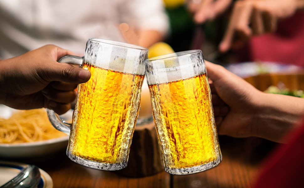 Набір з 2 скляних кружок для пива на 0,58 літра (490 мл) з ручкою, для морозильної камери, ретро стиль, подарунок для чоловіків