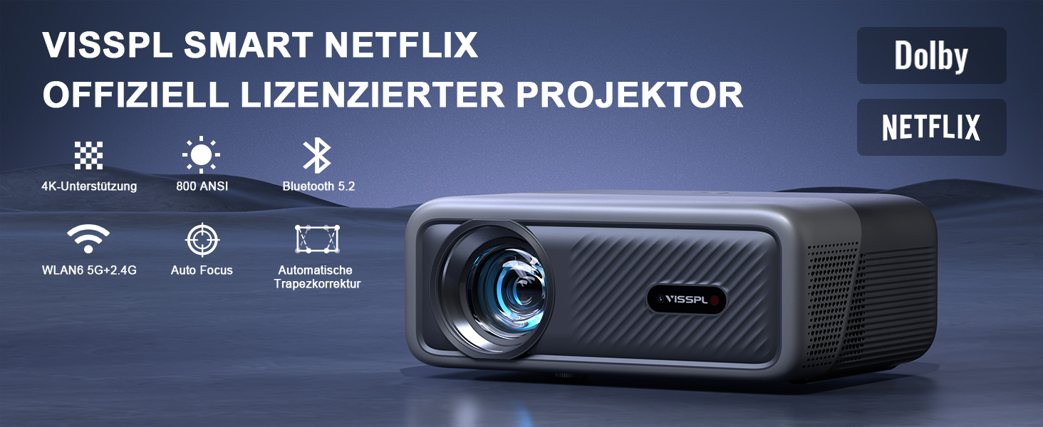 4K проєктор VISSPL A-28000L з автофокусом та корекцією трапецеїдальних спотворень: 28000 люмен, WiFi6, Bluetooth, Dolby Audio, Netflix, для домашнього кінотеатру та використання на відкритому повітрі