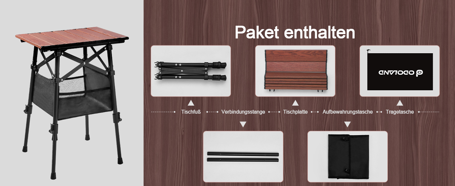 Складний алюмінієвий стіл для кемпінгу Odoland з регульованою висотою та сумкою для зберігання (40x30x40-58 см)