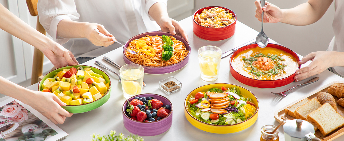 Vancasso Soup Bowls Stoneware, Bonita Soup Plate Set of 4, Pasta Plate, Spaghetti Deep Bowls, Noodle Bowls, Large Salad Bowls, Salad Bowl Dishwasher and Microwave Safe, Colorful