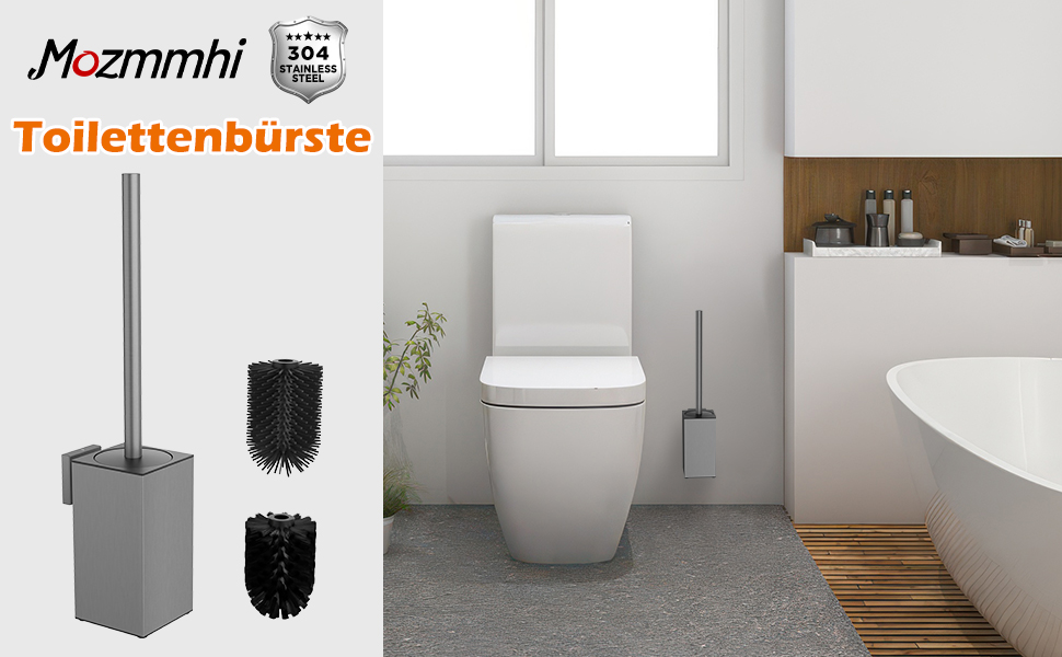 Набір для чищення унітазу з нержавіючої сталі 304, комплект з щіткою та тримачем для стіни, 2 насадки (сірий квадрат)