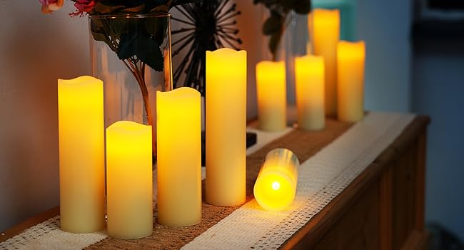 Світлодіодні безпечні свічки Homemory з імітацією полум'я, на батарейках, з пультом та таймером, набір 9 шт., електричні, справжній віск, колір айворі
