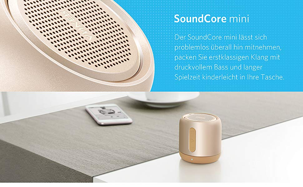 Портативна Bluetooth колонка Anker Soundcore Mini з FM радіо, 15 годин роботи, 20 м радіус дії та потужним басом (золота)