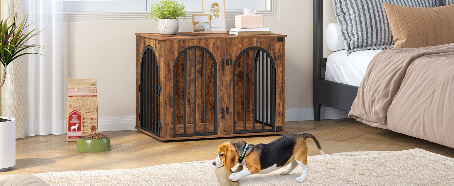 Клітка для собак Hzuaneri, 80 см, 3 двері, бокова дверцята, сучасний дизайн, стіл-клітка, міцна, 80x56x61 см, вінтажний колір, DFC85101B