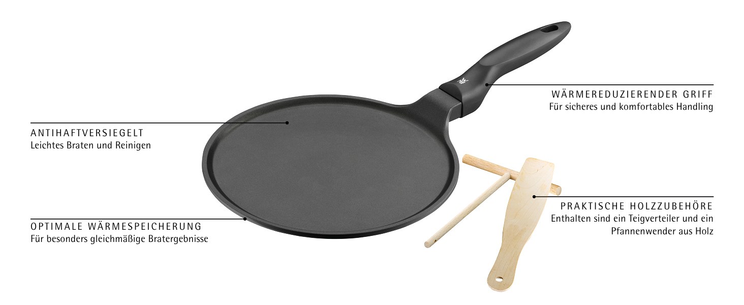 Сковорода WMF Devil Crepe 27 см для млинців з розподільником тіста та дерев'яною лопаткою, індукційна, алюмінієва з антипригарним покриттям