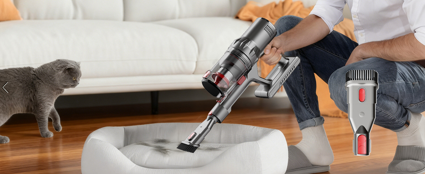 Бездротовий пилосос Hearten 4-в-1 з акумулятором, LED-дисплеєм та щіткою проти намотування, керуванням в один дотик, LED-підсвічуванням для шерсті тварин/килимів/твердих підлог, фіолетовий