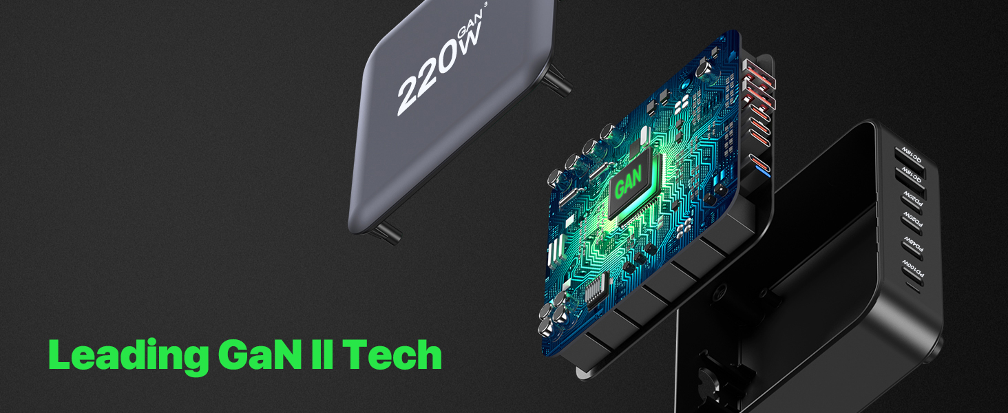 Зарядний пристрій USB-C 200W, 8 портів, GaN адаптер для MacBook Air/iPad/iPhone 15/16/Galaxy S23 - Чорний