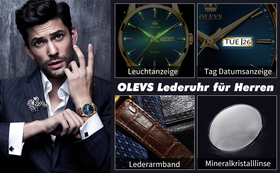 Чоловічий годинник OLEVS з нержавіючої сталі, кварцовий аналоговий годинник, класичний діловий годинник, водостійкий, з підсвічуванням, з датою, на шкіряному ремінці (C2-блакитний циферблат/коричневий ремінь)