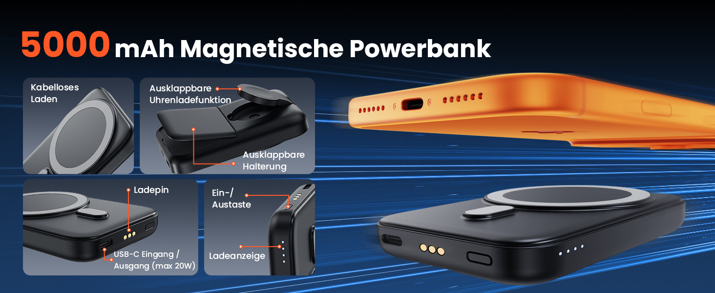 GEEKERA 3-в-1 Магнітна бездротова зарядка Powerbank 5000mAh: для iPhone 12-17, Apple Watch, AirPods, Samsung Galaxy - Чорний