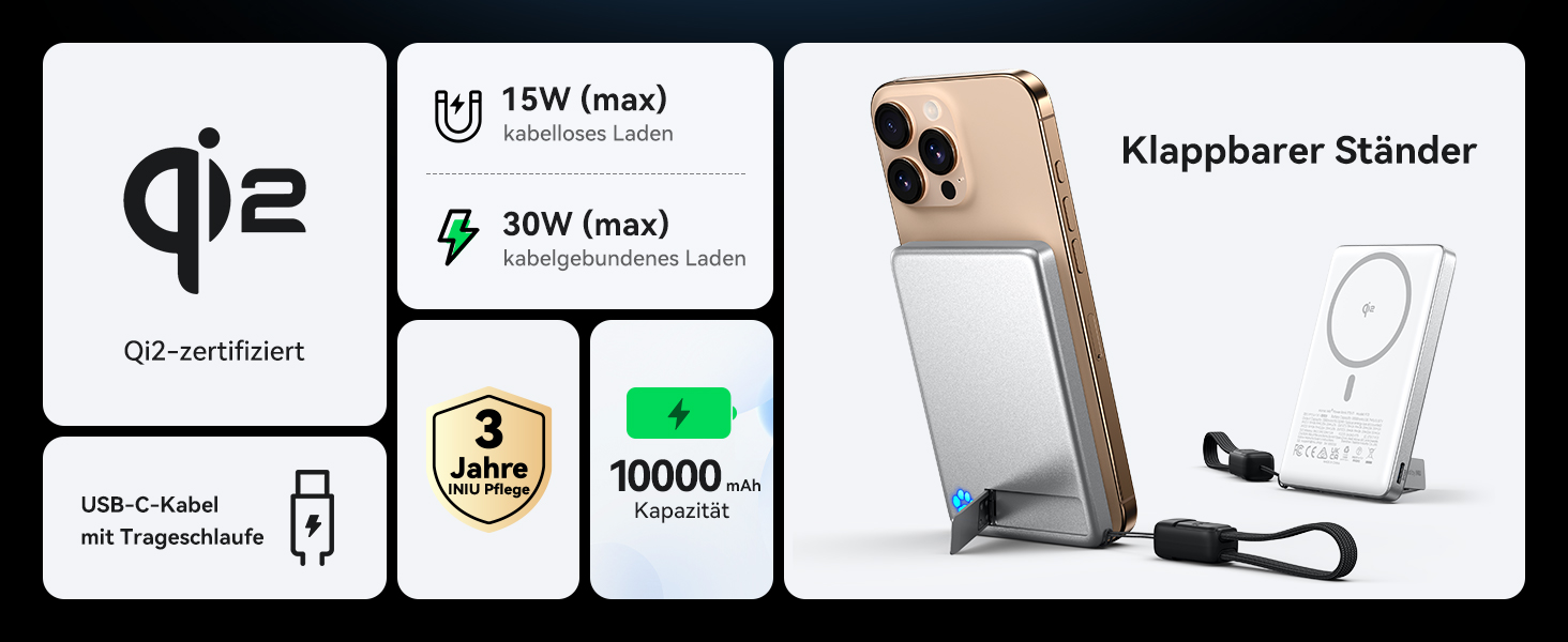 Power Bank MagSafe 45W з підтримкою Qi2, 10000mAh, з кабелем USB-C та підставкою, сумісний з iPhone 17/16/15/14/13