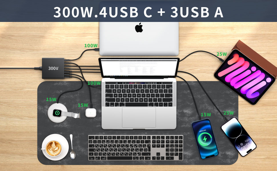 Зарядний пристрій FINIBO USB-C 300W: 7 портів (4 USB-C + 3 USB-A), швидка зарядка, Dual-PD PPS, для MacBook Pro/Air, iPad Pro/Air, Samsung (Чорний)