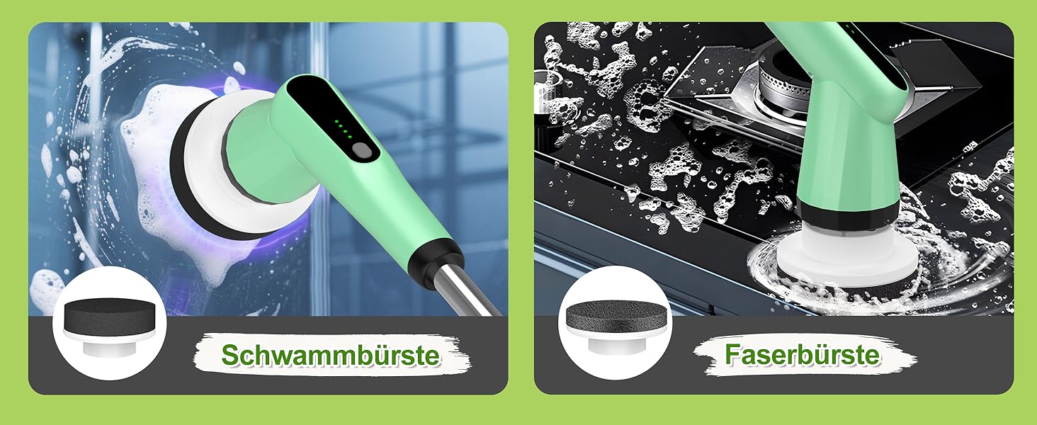 Електрична щітка для прибирання з 7 насадок, водонепроникна IPX7, регульована ручка, для ванної, кухні, підлоги, авто (білий/зелений)