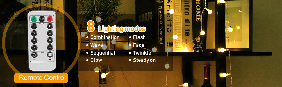 Ланцюжок вогнів RJEDL для декору: 12м, 100 LED, кулі, 8 режимів, IP67, пульт, тепле світло, для дому та саду
