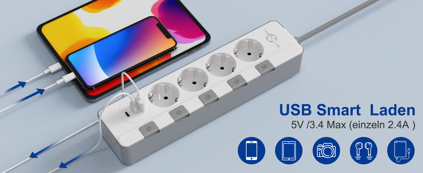 Мережевий фільтр KEPLUG з USB-портами (4000W, 16A) - розетка з 2 Type C, USB-A, дитячий захист, 2 м кабель