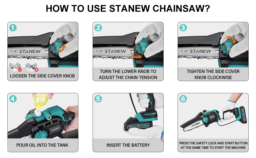 Міні-бензопила STANEW з 2 акумуляторами 2000mAh та зарядним пристроєм, 6 та 8 дюймів, 600W безщітковий двигун, для догляду за садом, обрізки дерев та роботи з деревом. Стандартна комплектація